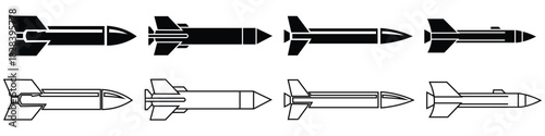 “Military Missile and Explosive Weapons Set – Guided Rockets, Ballistic Systems, and War Detonation Vector Icons”