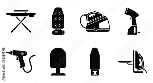 Selection of ironing appliances: Board, steamer, and pressing devices icons