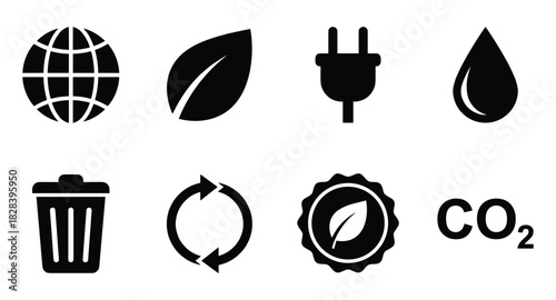 Collection of Environmental Icons Illustrating Sustainability and Conservation