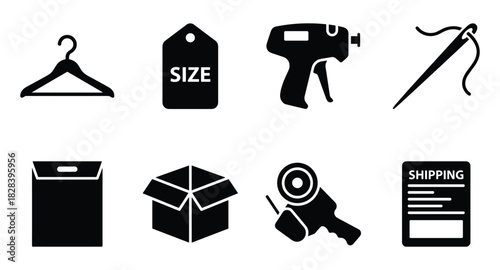 Essential Retail Icons Set: Clothing Hanger, Tag, Gun, Shipping, and Packaging.