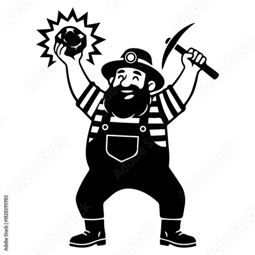 Excited Bearded Miner Mascot Holding Up Sparkling Gem and Pickaxe