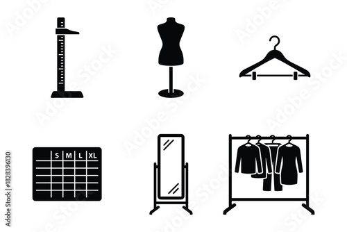 Fashion Design Elements Vector Illustrations: Mannequin, Mirror and Garments