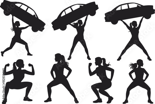 Vector collection of superwoman silhouettes lifting car, female athlete flexing muscles, strong superhero character, isolated illustration set, white background.