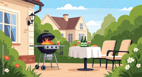 Backyard barbecue party with grill, drinks, and food creating a fun outdoor summer atmosphere for casual dining and entertaining guests at home