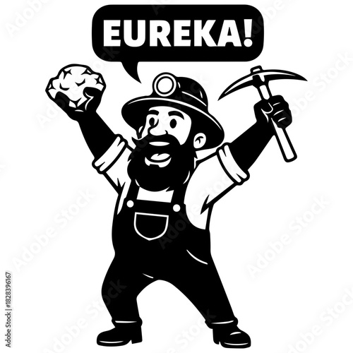 Excited Bearded Miner Mascot Holding Up Sparkling Gem and Pickaxe