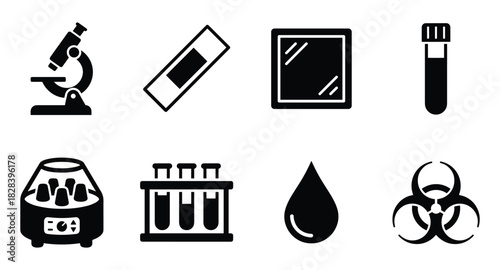 Collection of scientific icons illustrating medical research equipment