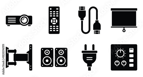 Projector equipment set, presenting multimedia devices in vector format.