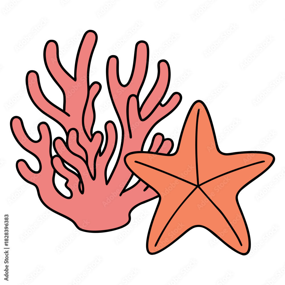 Naklejka premium Starfish beside coral illustration with black outline