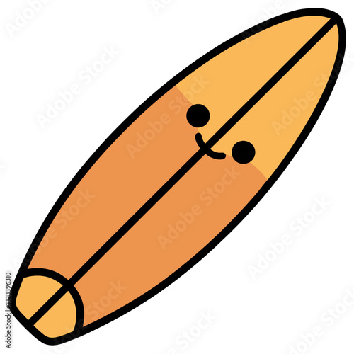 Smiling Cartoon Surfboard with Black Outlines and Orange Color