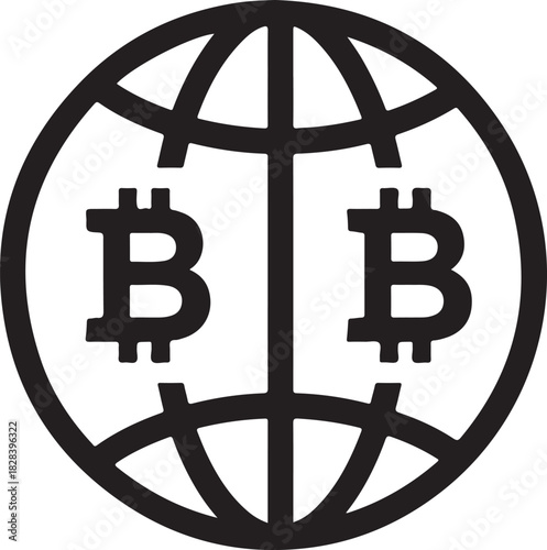 Bitcoin cryptocurrency symbol on globe outline icon on white background vector illustration