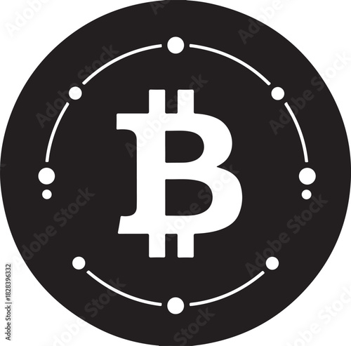 Bitcoin cryptocurrency symbol inside a circular network with connected dots icon