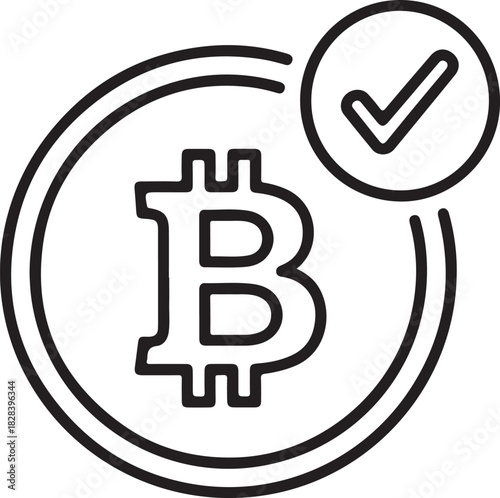 Bitcoin cryptocurrency symbol with checkmark icon on white background vector illustration