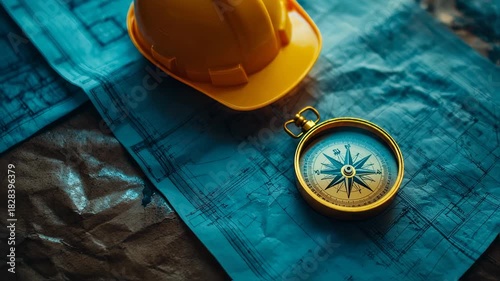 Vintage architectural blueprint, compass and yellow hard hat, engineer planning concept,