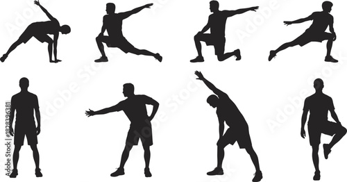 Vector collection of man silhouettes stretching body, athlete doing warm up exercises, fitness workout poses, isolated illustration set, white background.