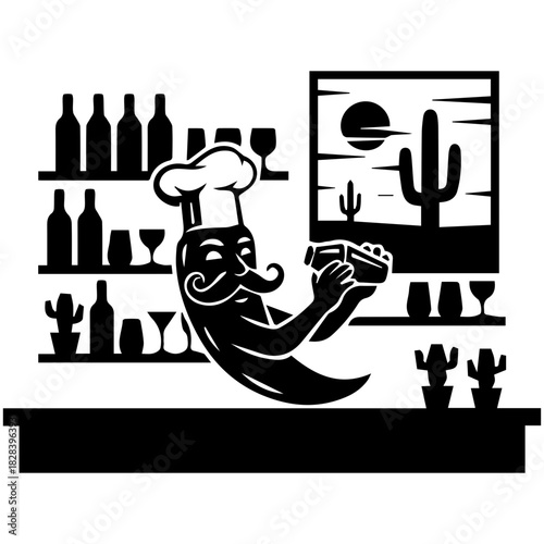 Mexican Chili Pepper Chef Mascot Bartender Mixing Cocktail in Desert Bar