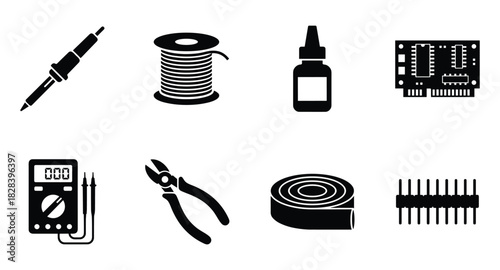 Set of electronic component illustrations; soldering tools, wire, and board.