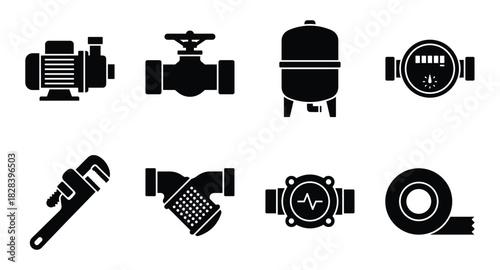 Set of plumbing, pipeline, water supply system elements icons graphic.