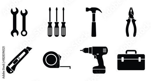Vector Graphic Toolkit: Essential Handyman Tools in Black and White Style