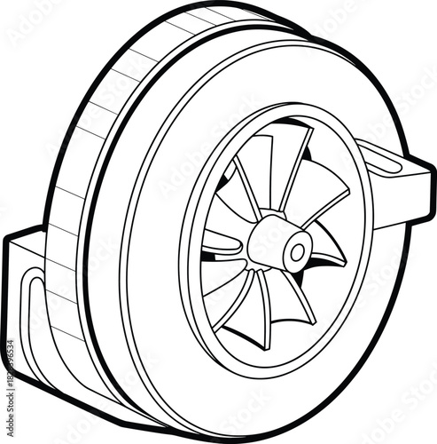 Centrifugal fan, blower impeller, mechanical component, technical flat sketch, vector illustration, cad drawing, HVAC system, industrial ventilation