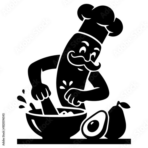 Mexican Chili Pepper Chef Mascot Preparing Guacamole with Mortar and Pestle