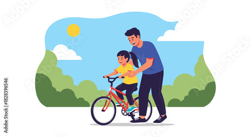 Adorable daughter learns to ride bike with dad's help on sunny day, creating precious family memories and fostering an active lifestyle outdoors