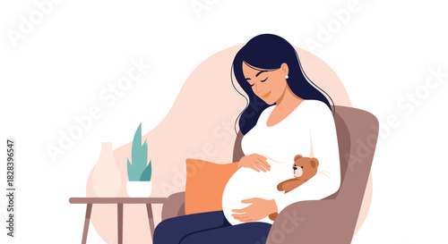 Expecting mother embraces baby bump with teddy bear in cozy home setting, radiating joy and anticipation for new life's arrival, perfect for family blogs