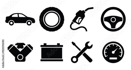 Automotive Icons Set: Car, Tire, Gas Nozzle, Steering Wheel, Engine & More