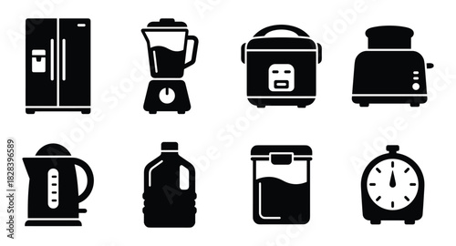 Variety of Kitchen Appliances Vector Icons in Solid Black Silhouette Style