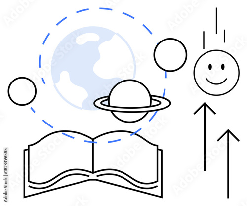 Educational concept. Illustration of Earth, planets, and knowledge by an open book. Educational growth through arrows and symbols. For education, science, learning, growth development