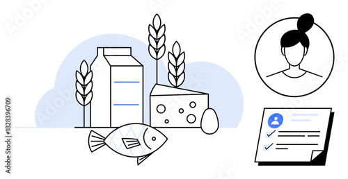 Milk carton, cheese wedge, fish, egg, and crops symbolize nutrition and healthy foods, with a profile picture and checklist representing personalized diet plans. Ideal for nutrition, health, diet