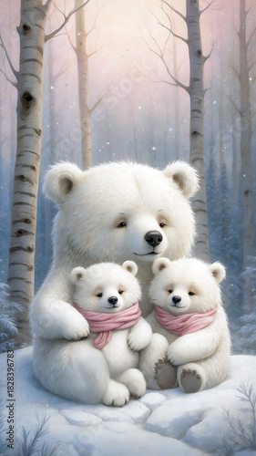 Cute Polar Bear Family Illustration in Pastel Winter Forest – Snowfall Scene with Birch Trees and Scarves