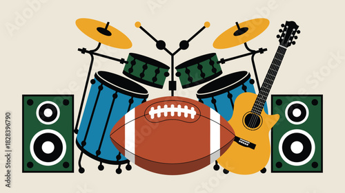 Abstract Musical Arrangement Guitar, Drums, Speakers, and Football for Super Bowl Sunday