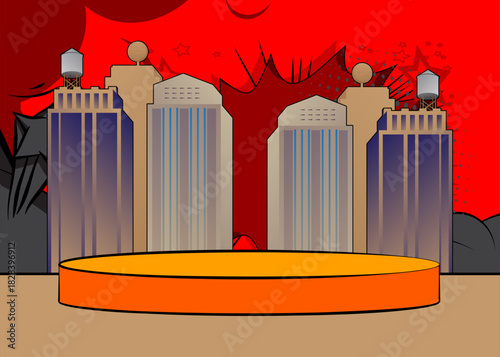 Comic Book Product podium stage for mockup presentation with Skyscraper. Retro comics background.