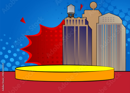 Comic Book Product podium stage for mockup presentation with Skyscraper. Retro comics background.