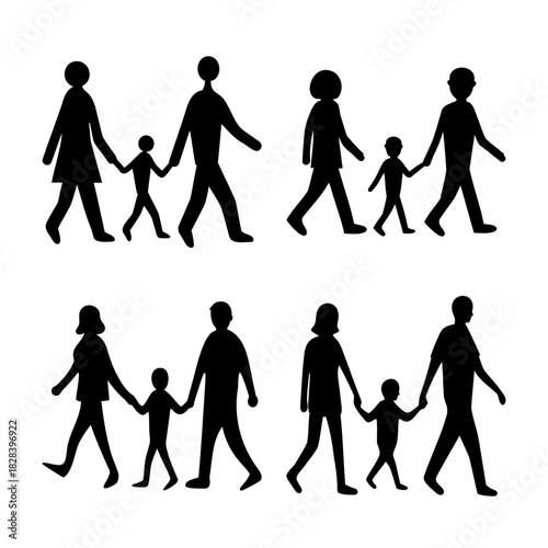 Family walking silhouettes vector pictogram for safety sign