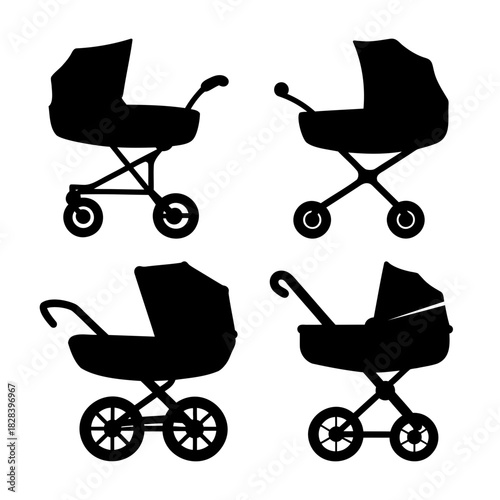 Baby stroller and pram black silhouette icon set collection