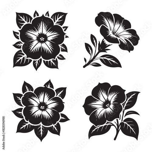 Floral blossom design with leaves and botanical elements in black and white vector