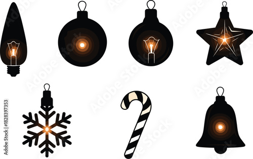 Christmas ornament silhouette set, glowing light bulb, festive decorations, snowflake, star, candy cane, bell icon, holiday vector illustration
