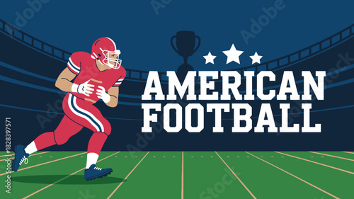 American Football Player Running on the Field with Trophy and Stars Background Illustration
