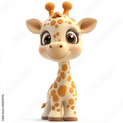 Delightful cartoon giraffe character smiling sweetly on a white background, perfect for children's books and adorable animal illustrations