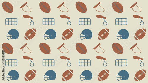 American Football Seamless Pattern with Helmets, Footballs, Whistles, and Goalposts for SportThemed Design