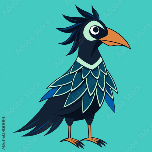 Stylized cartoon bird with dark feathers and orange beak on teal background