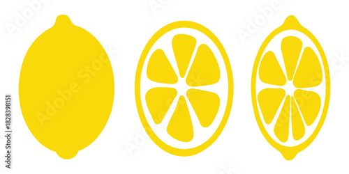Lemon cut slices vector set. Whole, half and slice chopped lemon fruit, Yellow lemon slice, vector illustration