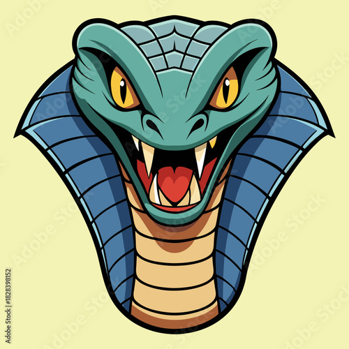 Fierce cobra head with open mouth and yellow eyes on pale yellow background