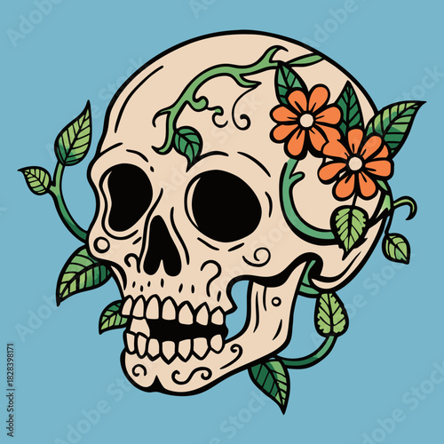 Decorative skull adorned with green vines and orange flowers