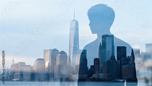 Silhouette of a person with city skyline and skyscrapers, white background