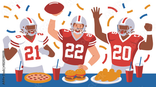 Animated Football Fans Celebrating a Super Bowl Game with Pizza, Burgers, and Wings