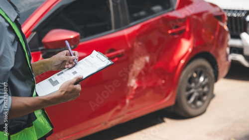 Cuadro en lienzo accident, cars, insurance, car, crash, claim, collision, An inspector records details of a red vehicle with side damage after a collision, completing an insurance report form