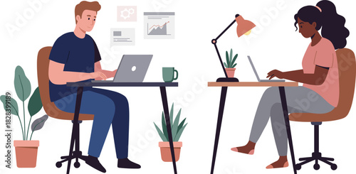 Cartoon office workers at desks using laptops, man with coffee mug and woman with lamp, remote work teamwork illustration design