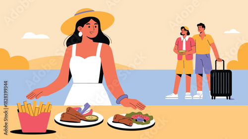 Beach Vacation with Food Woman with Hat Enjoying French Fries and Chicken Legs